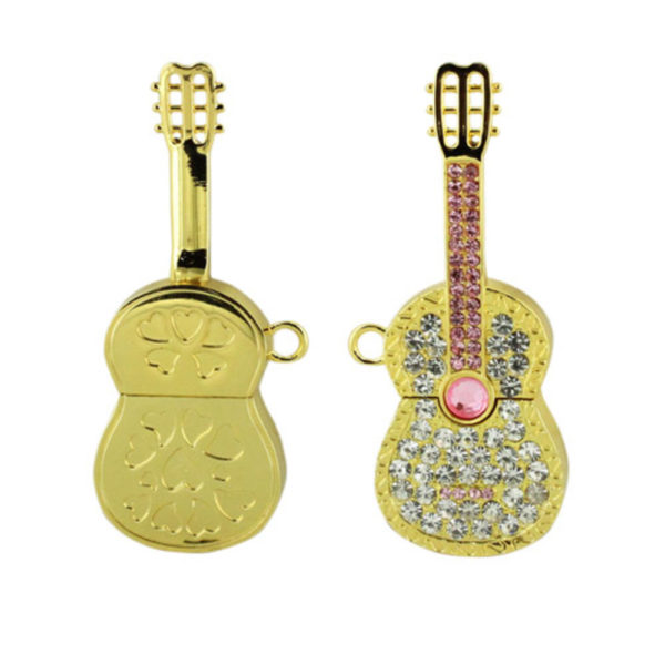 Gold Guitar Shape Metal Crystal Key Chain 32GB USB Drive Thumb Drive Pen Drive Flash Drive